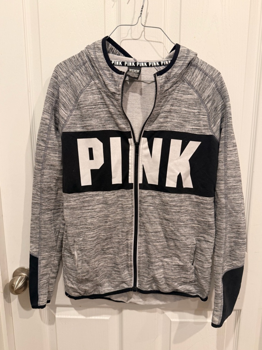 Victoria's Secret PINK Gray & Black Zip Hoodie with White Logo Trim